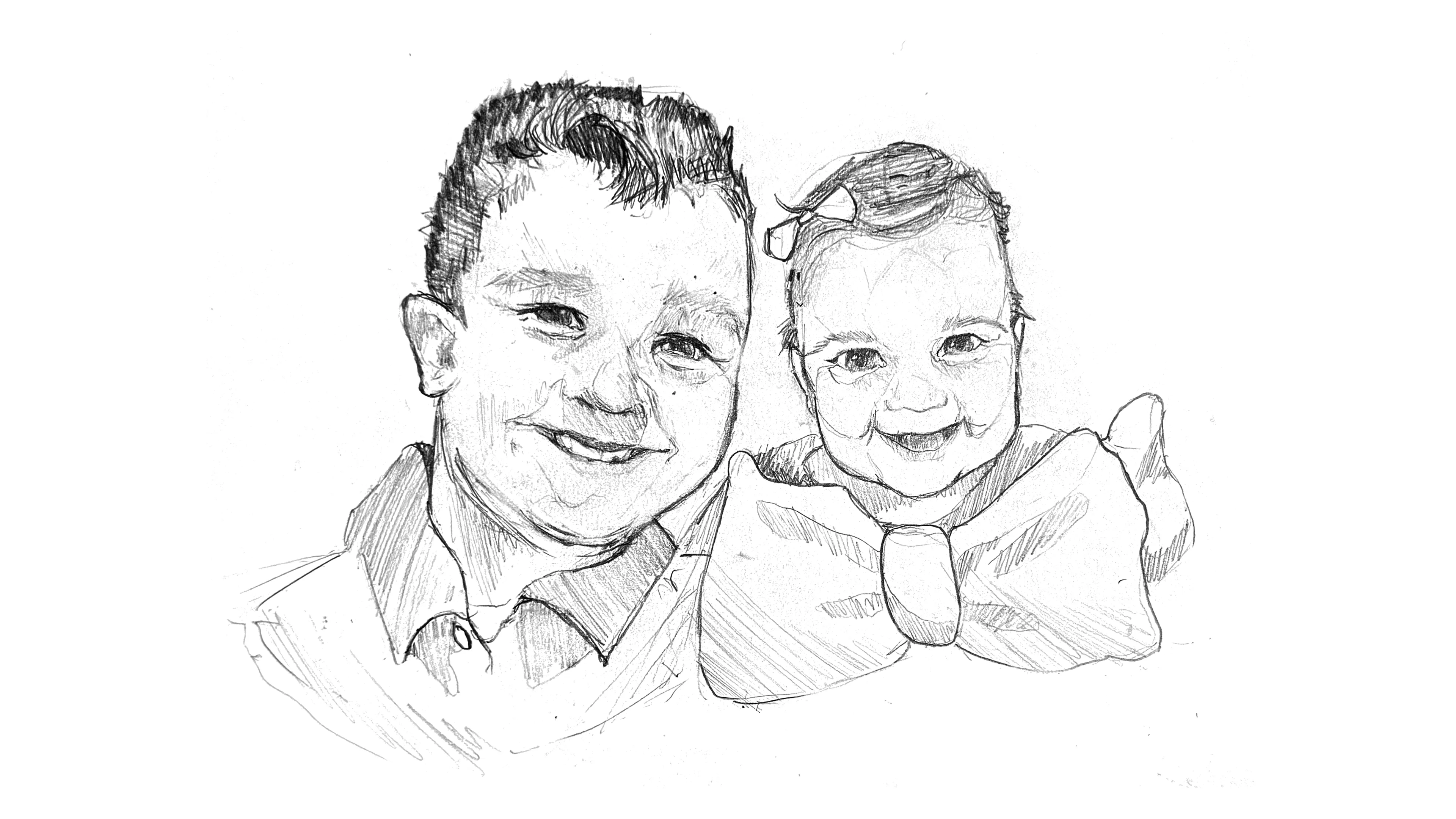 A pencil sketch of a grinning dad with short, dark hair and a little girl with curly hair, both rocking big smiles. The dad's on the left, and the girl's on the right, with a massive bow on her head.